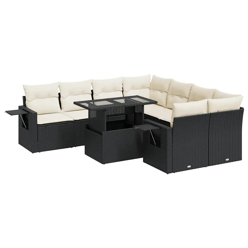 9 Piece Outdoor Garden Sofa Set for Patio Black Poly Rattan Furniture with Storage