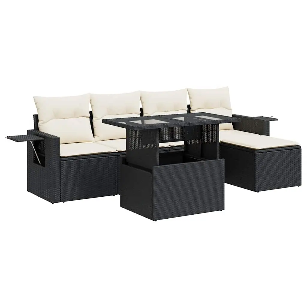 6 Piece Outdoor Garden Sofa Set with Cushions Adjustable Table Black Poly Rattan