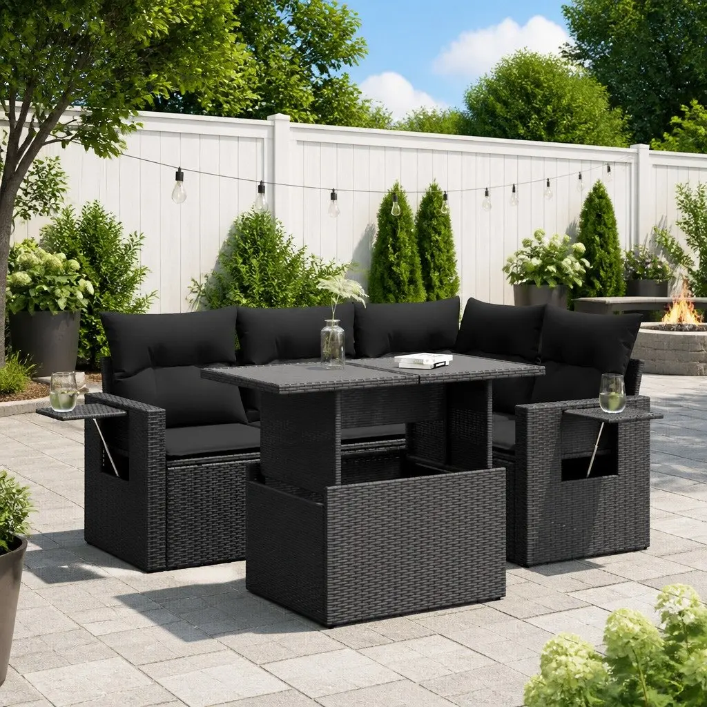 5 Piece Outdoor Garden Sofa Set for Patio Black Poly Rattan