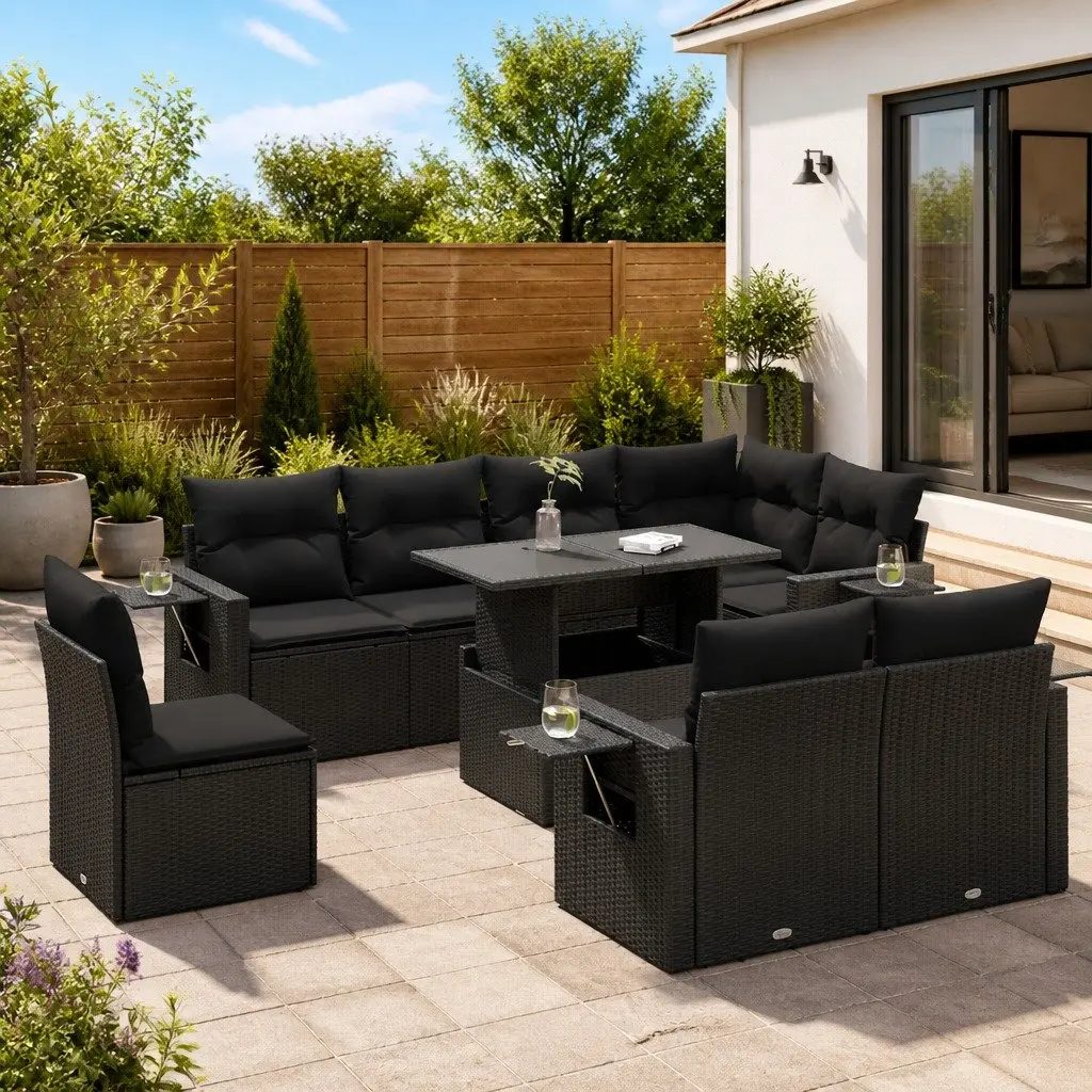 9 Piece Outdoor Sofa Set for Patio Garden Black Poly Rattan with Cushions