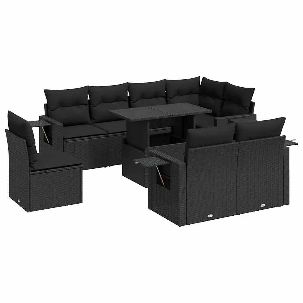 9 Piece Outdoor Sofa Set for Patio Garden Black Poly Rattan with Cushions