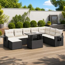 Garden Sofa Set 9 Piece Outdoor Furniture with Storage Cushions Black