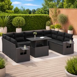 10-Piece Black Poly Rattan Sofa Set with Storage