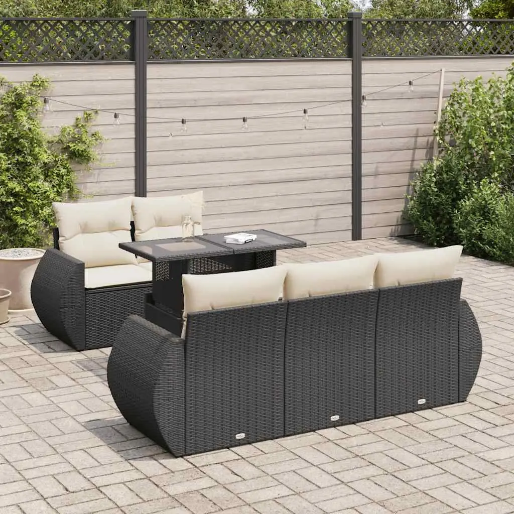 Outdoor Rattan Sofa Set 6 Piece Black Patio Seating with Storage Compartment and Adjustable Tabletop
