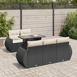 Garden Sofa Set - 6-Piece Black Poly Rattan with Cushions
