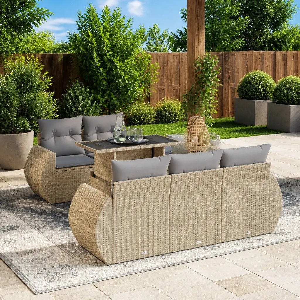 Garden Sofa Set 6 Piece Outdoor Furniture Beige Poly Rattan Patio Seating