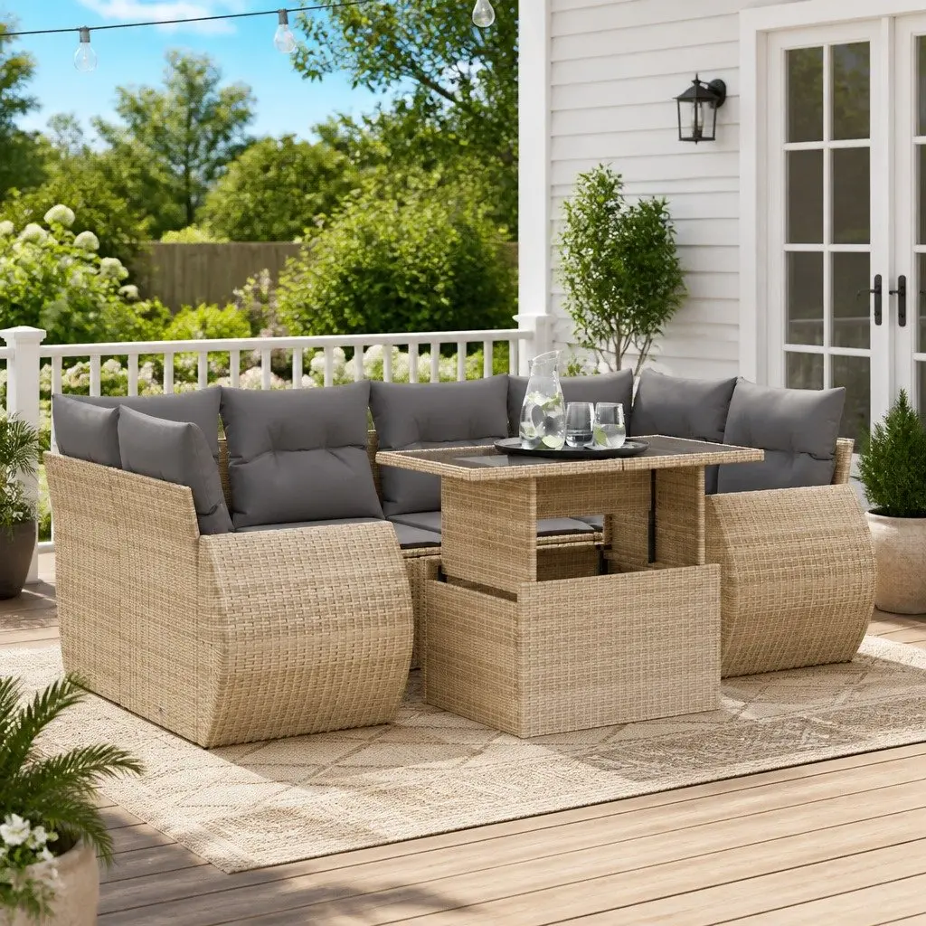 7 Piece Outdoor Garden Sofa Set Beige Poly Rattan Patio Furniture