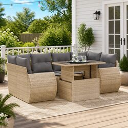 Outdoor Garden Sofa Set 7 Piece Beige Poly Rattan Patio Furniture with Storage