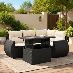 5 Piece Garden Sofa Set: Black Poly Rattan & Cushions