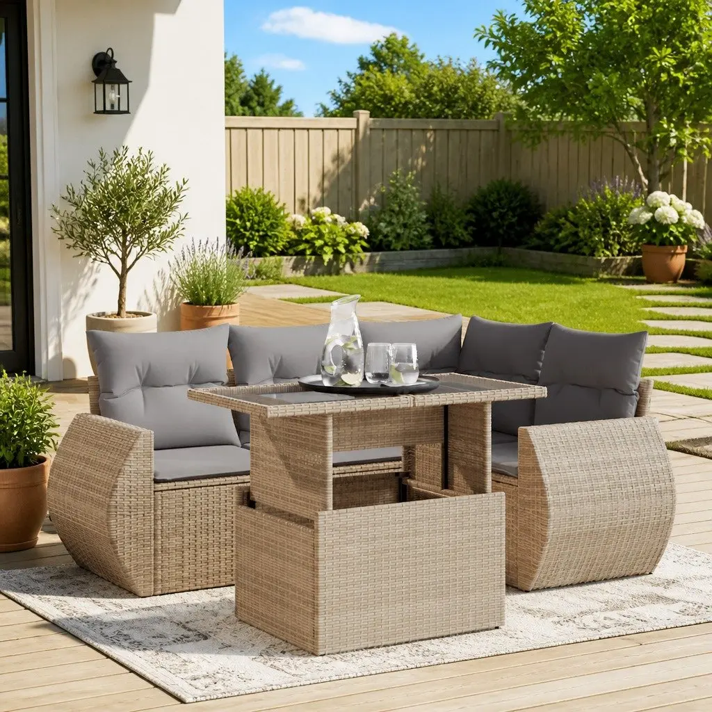 Garden Sofa Set Outdoor Furniture Patio 5 Piece Beige Poly Rattan with Storage