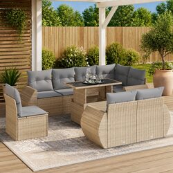 Garden Sofa Set 9 Pieces: Steel Frame, PE Rattan, Beige