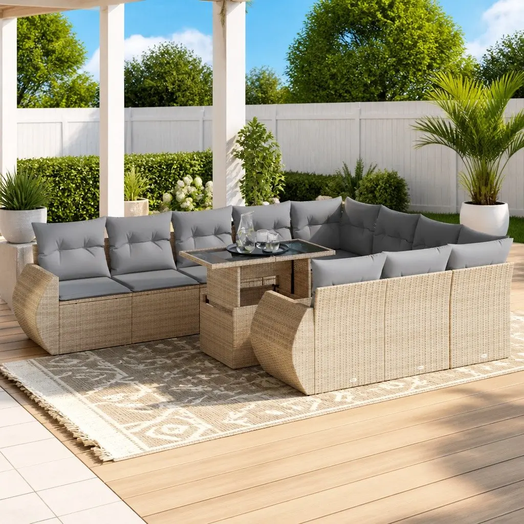 Garden Sofa Set Outdoor Furniture 11 Piece Beige Poly Rattan Patio Lounge