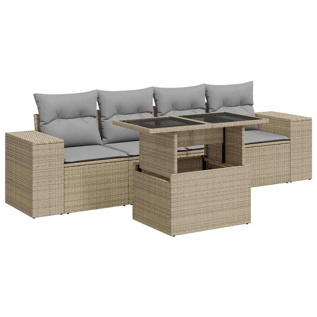 Garden Sofa Set 5 Piece Outdoor Furniture Patio Beige Poly Rattan with Cushions