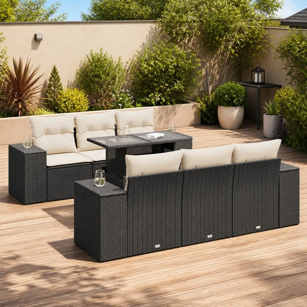 7 Piece Garden Sofa Set for Patio Outdoor Black with Storage Cushions