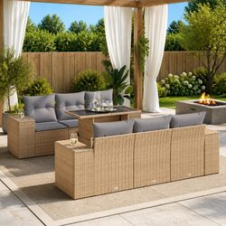 Garden Sofa Set 7 Piece Outdoor Furniture Beige Poly Rattan Patio Lounge with