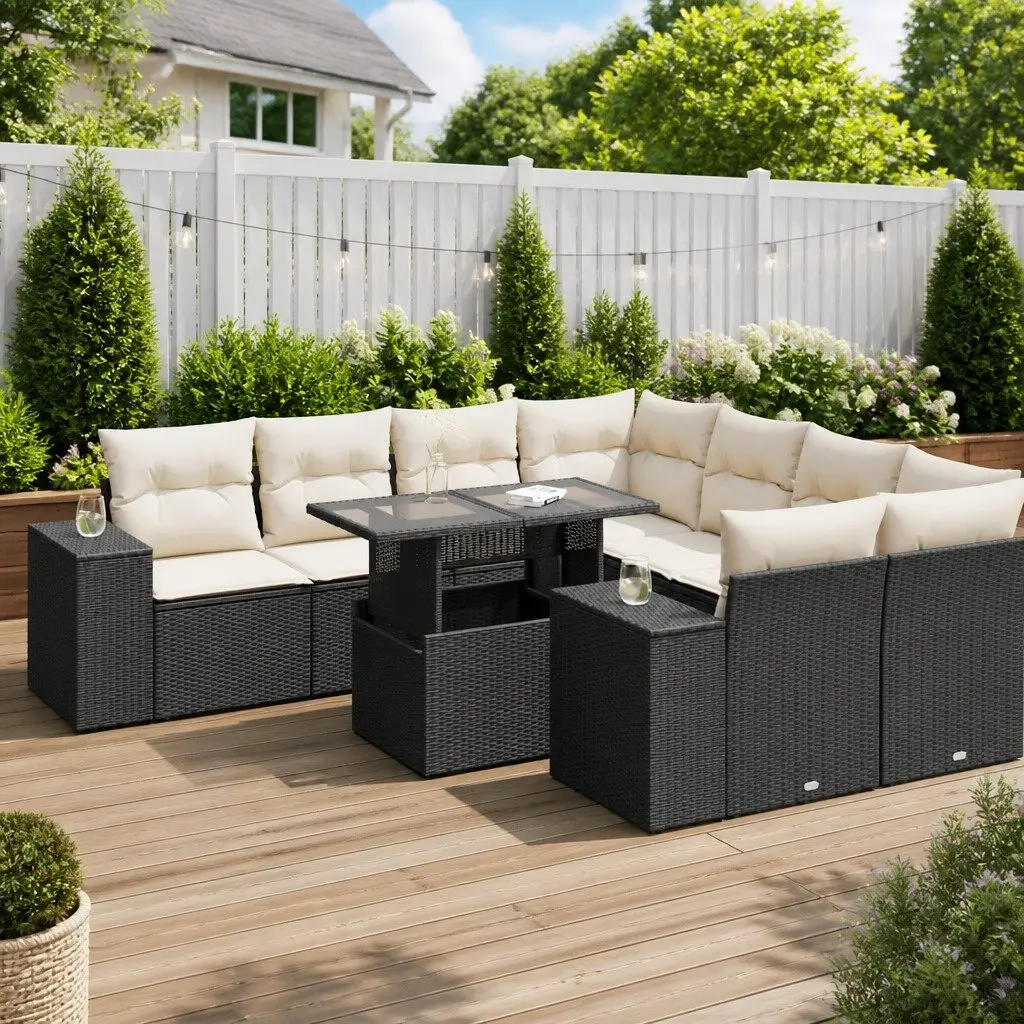 Garden Sofa Set 9 Piece Outdoor Furniture Patio Sectional with Cushions Black