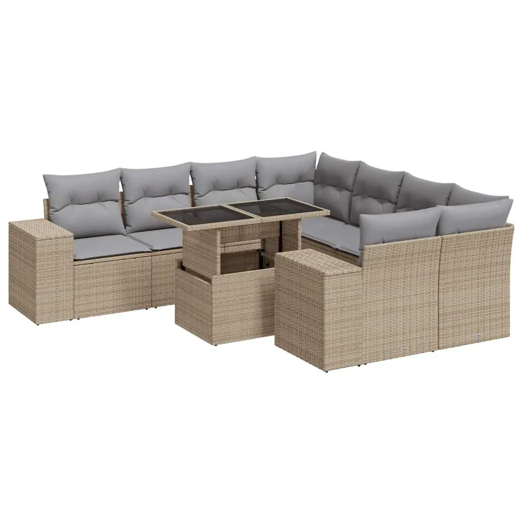 9 Piece Outdoor Garden Sofa Set for Patio Beige Poly Rattan with Cushions