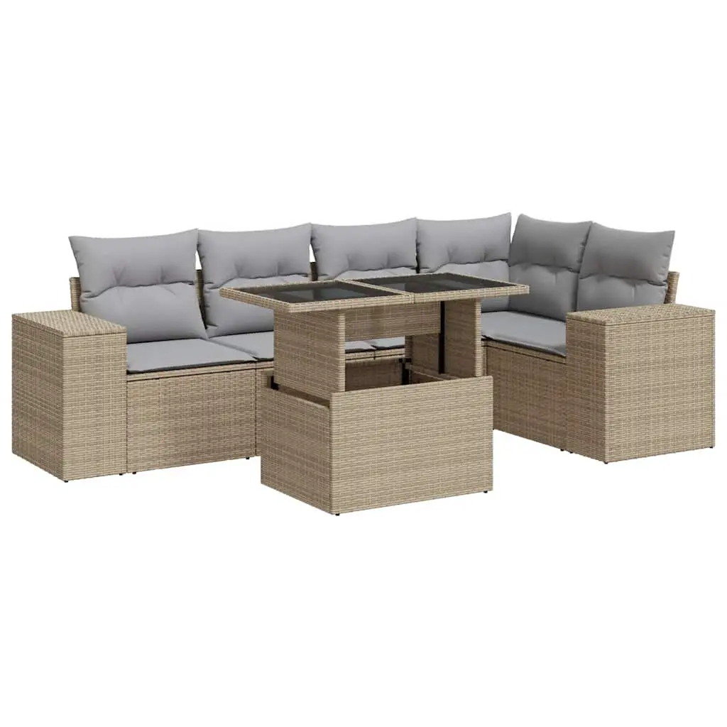 Garden Sofa Set 6 Piece Outdoor Furniture Beige Poly Rattan Patio Seating with
