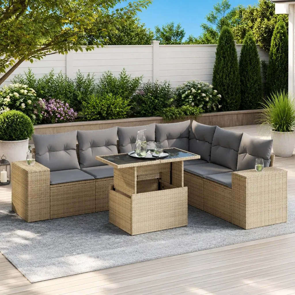 7 Piece Outdoor Garden Sofa Set for Patio Beige Poly Rattan Furniture