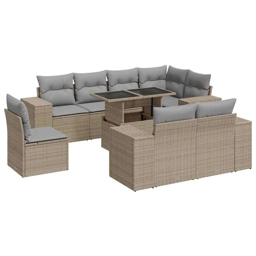Garden Sofa Set 9 Piece Outdoor Furniture Beige Poly Rattan Patio Sectional