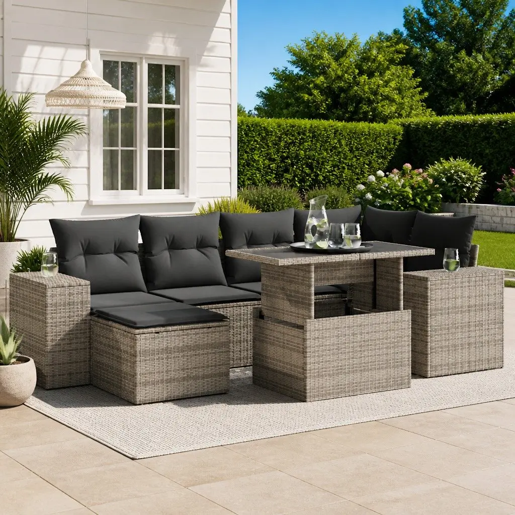 7 Piece Garden Sofa Set Outdoor Furniture with Storage Cushions Grey Poly Rattan
