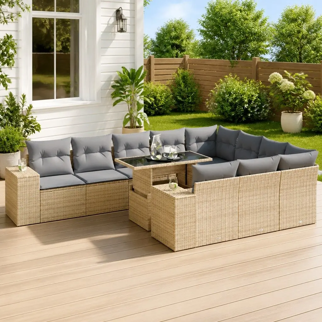 Garden Sofa Set Outdoor Furniture 11 Piece Beige Poly Rattan Patio Seating