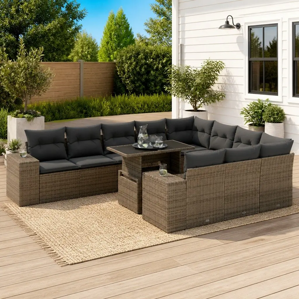 Modular Rattan Garden Sofa Set 11 Pieces Grey Outdoor Furniture for Patio Lounge with Adjustable Tabletop and Underseat Storage