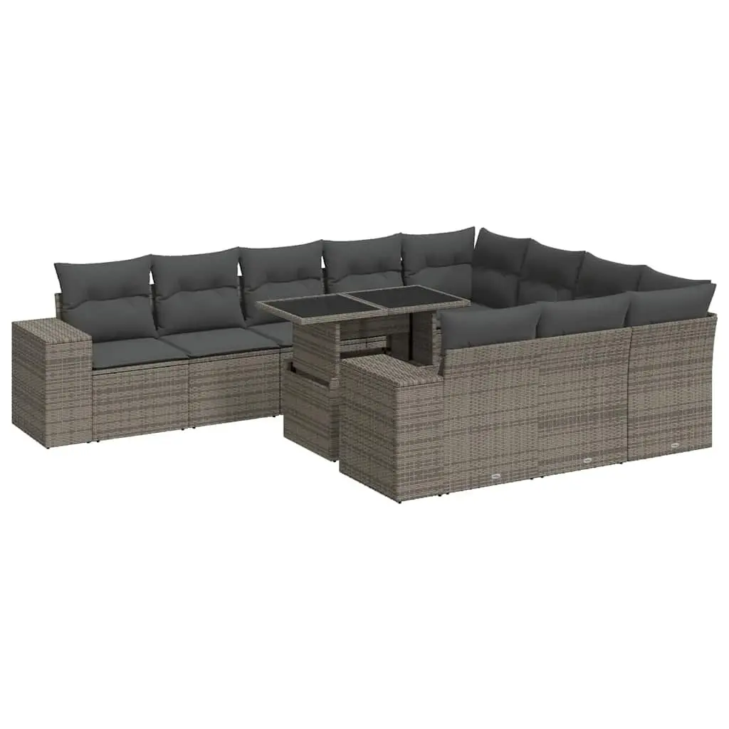 Modular Rattan Garden Sofa Set 11 Pieces Grey Outdoor Furniture for Patio Lounge with Adjustable Tabletop and Underseat Storage