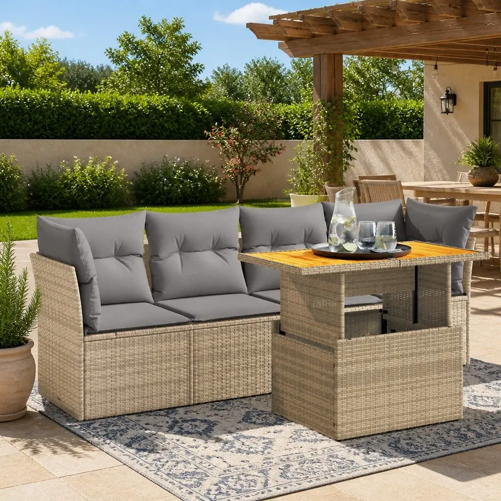 5 Piece Garden Sofa Set Beige Poly Rattan Outdoor Furniture Patio Seating