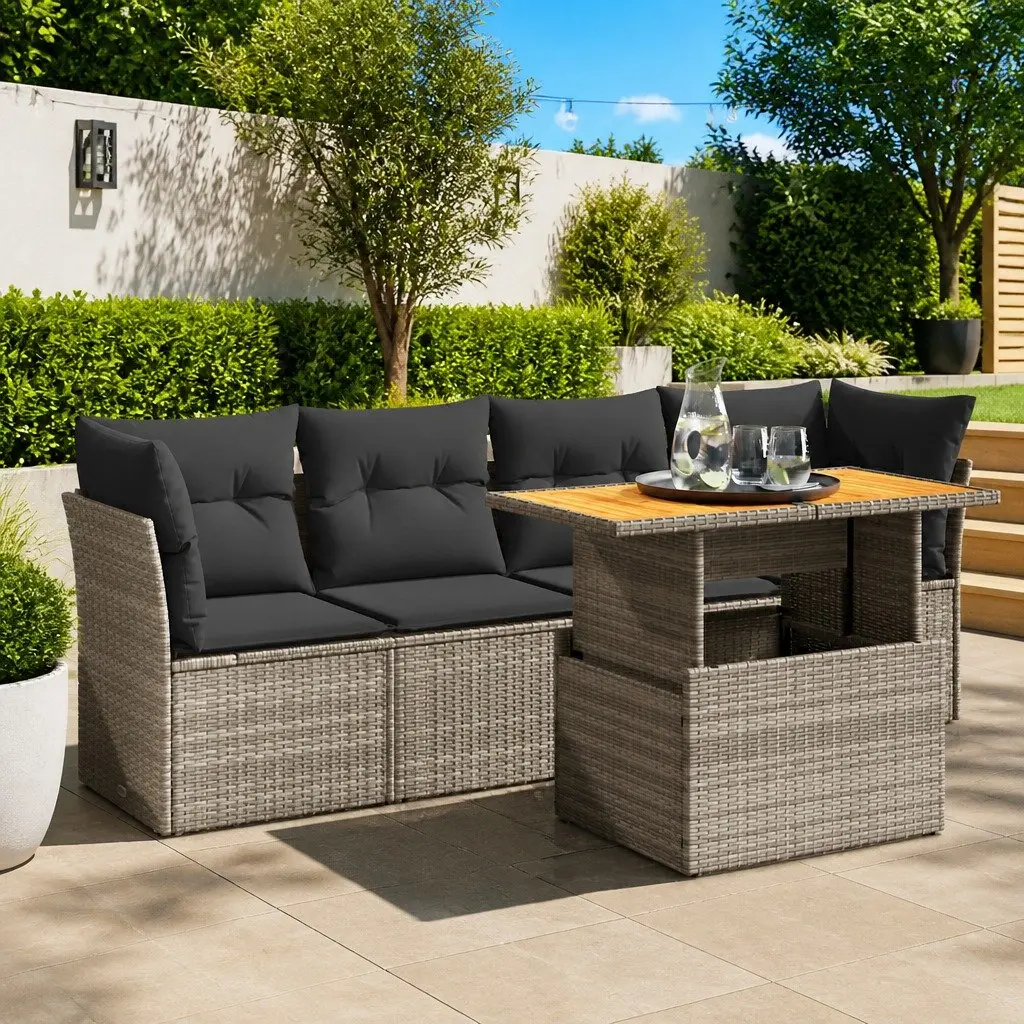 5 Piece Modular Outdoor Sofa Set for Garden and Patio Grey with Cushions and Adjustable Table