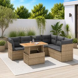 7-Piece Outdoor Sofa Set Specifications: Poly Rattan, Beige