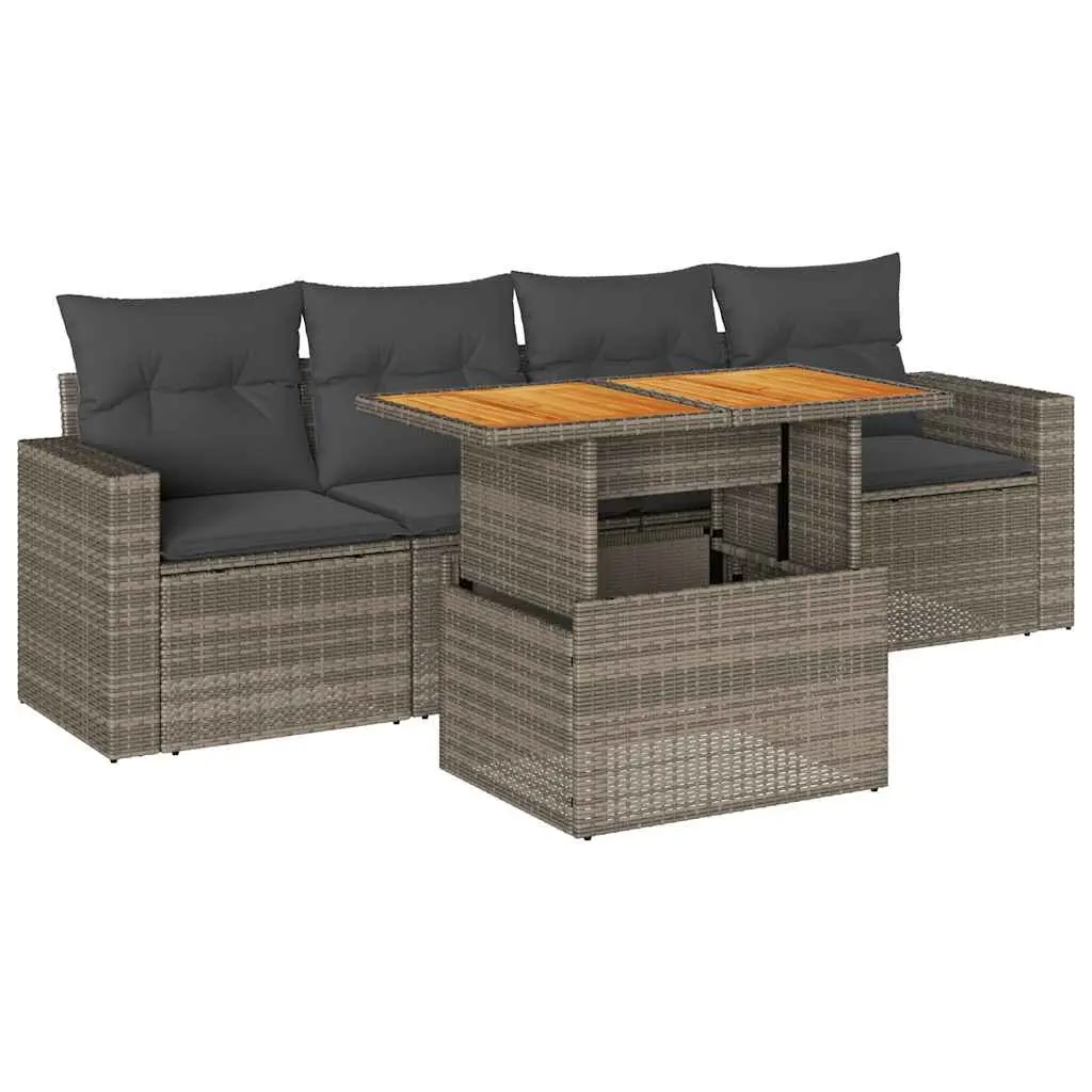 Outdoor Furniture Set 5 Piece Grey Poly Rattan Modular Sofa for Patio Space with Adjustable Tabletop