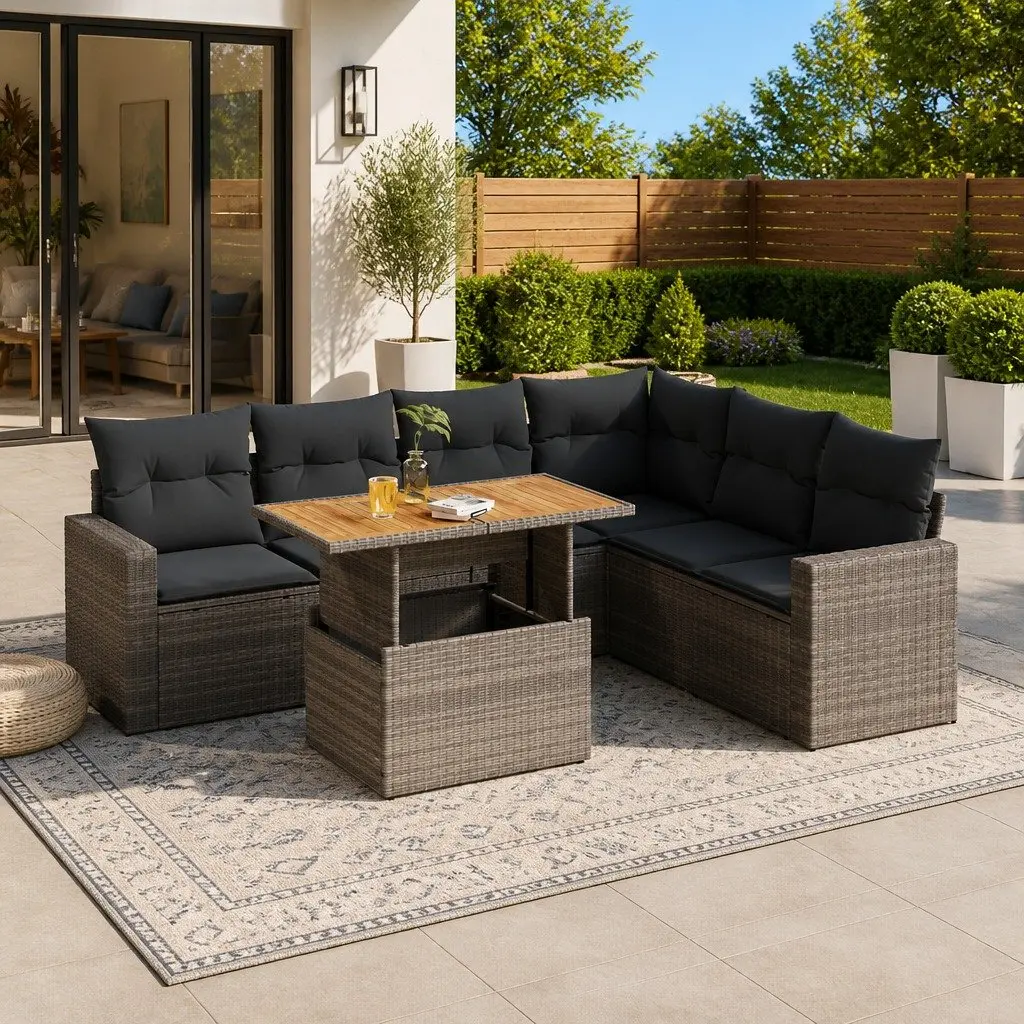 Garden Sofa Set 7 Piece Outdoor Furniture Grey Poly Rattan Patio Lounge with