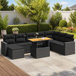 9-Piece Black Outdoor Garden Sofa Set with Cushions