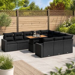 Garden Sofa Set: 11 Pieces, Black PE Rattan, Adjustable Table