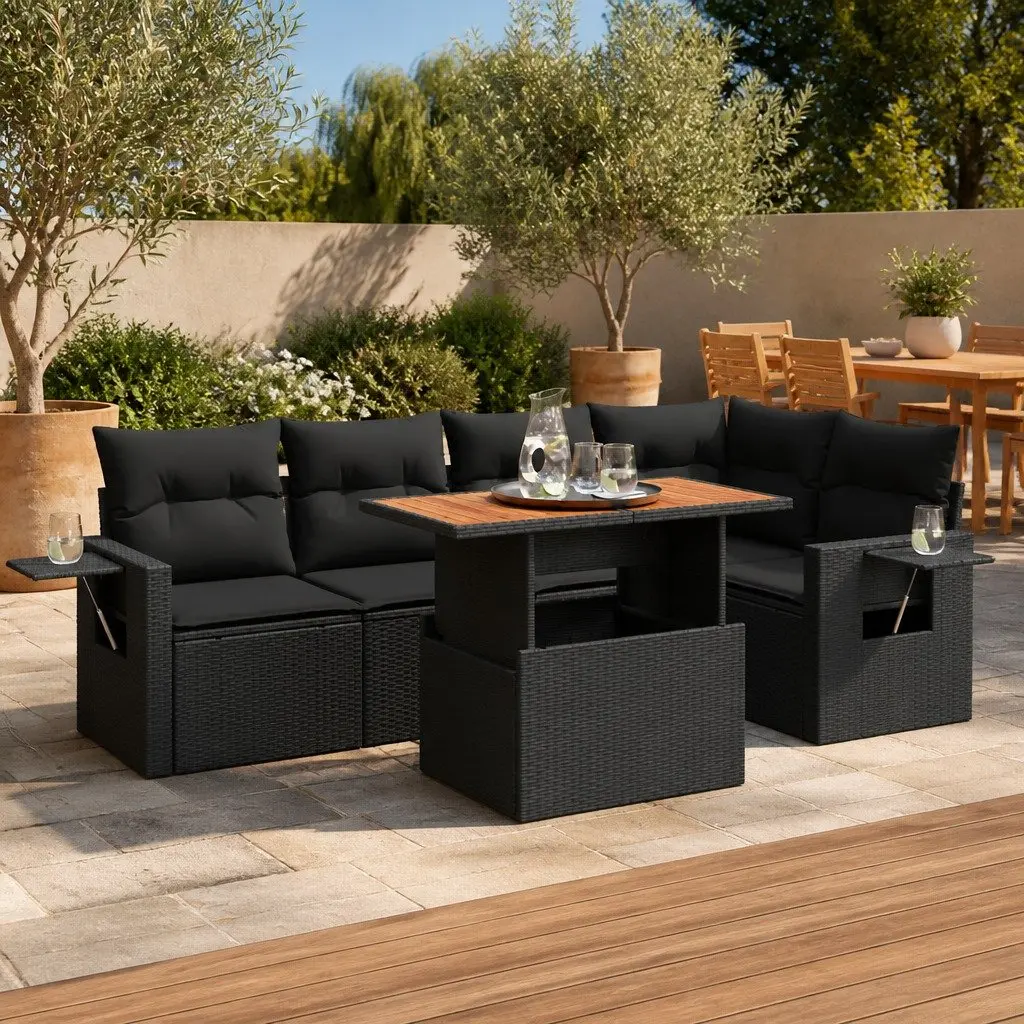 Garden Sofa Set 6 Piece Outdoor Furniture Patio Lounge Black Poly Rattan Modular
