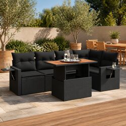6-Piece Modular Garden Sofa Set - Black PE Rattan Furniture