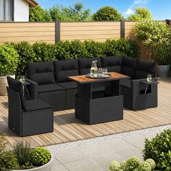 7 Piece Garden Sofa Set Outdoor Patio Furniture Black Poly Rattan with Cushions