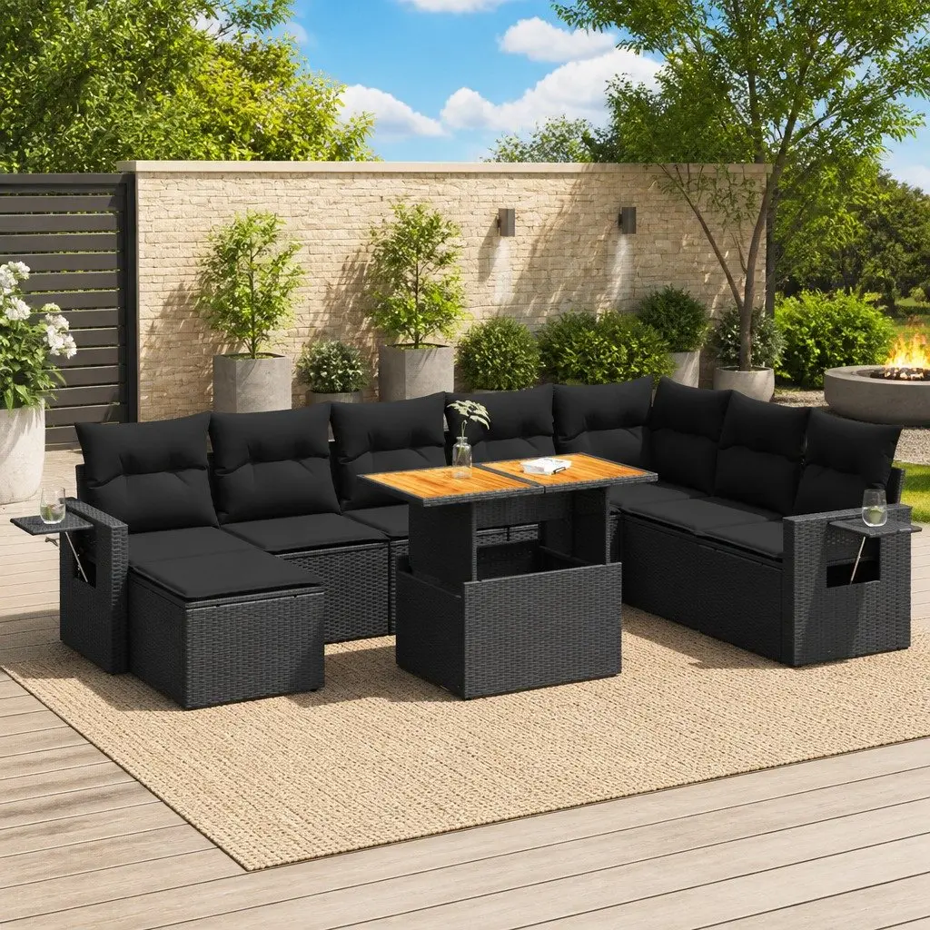9 Piece Modular Rattan Outdoor Sofa Set for Garden Patio Seating with Cushions and Adjustable Table