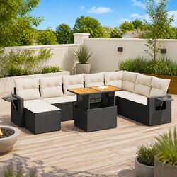 Garden Sofa Set 9 Piece Outdoor Furniture Black Poly Rattan Patio Seating with