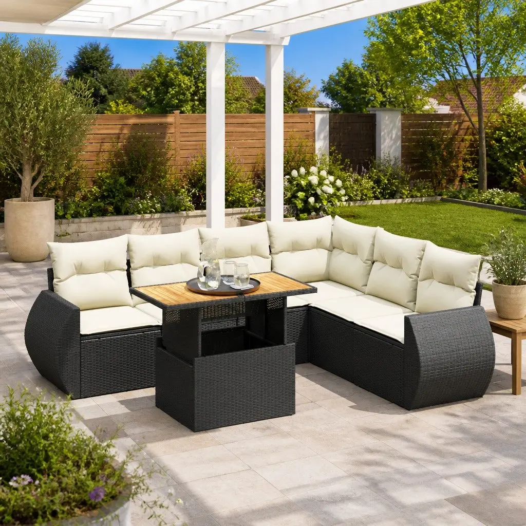 7 Piece Black Poly Rattan Garden Sofa Set