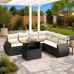 7 Piece Outdoor Garden Sofa Set Black Poly Rattan Furniture with Storage