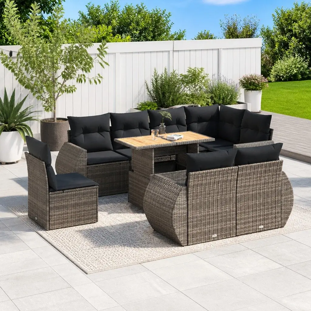 Garden Sofa Set Outdoor Furniture 9 Piece Grey Poly Rattan Patio with Cushions
