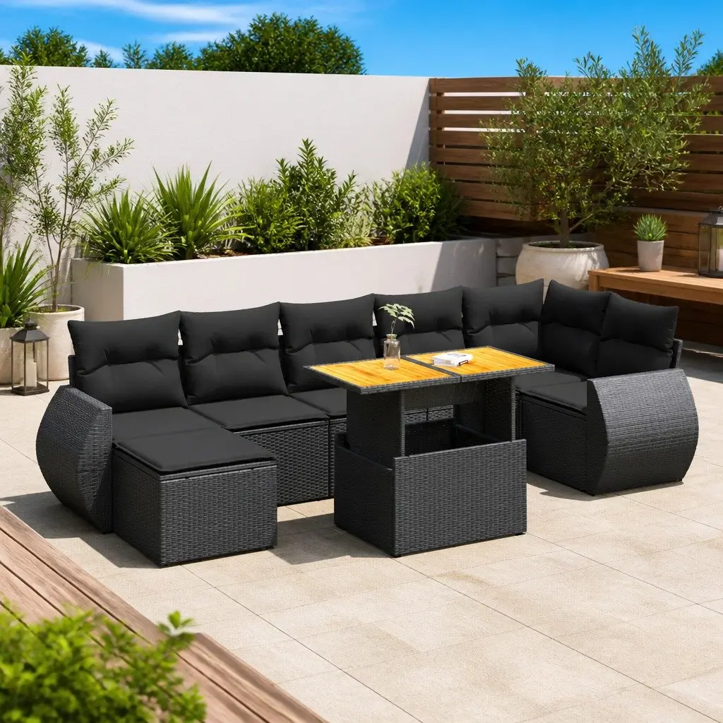 8-Piece Black Poly Rattan Sofa Set