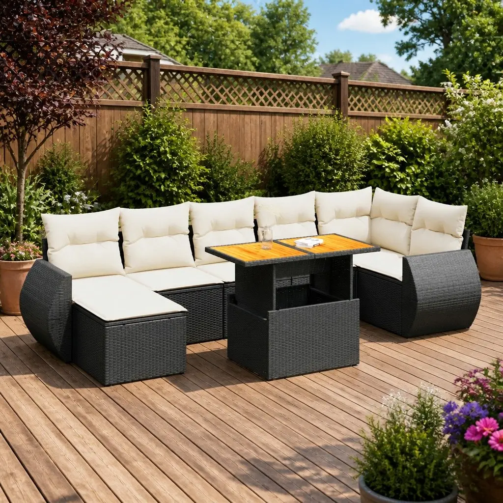 8 Piece Modular Outdoor Furniture Set Black PE Rattan Garden Sofa for Patio and Terrace
