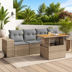 5 Piece Garden Sofa Set with PE Rattan and Beige Cushions