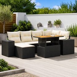7 Piece Garden Sofa Set: Black Poly Rattan Outdoor Furniture