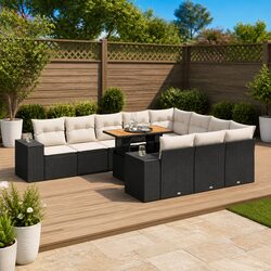 10-Piece Black Garden Sofa Set with Storage and Cushions