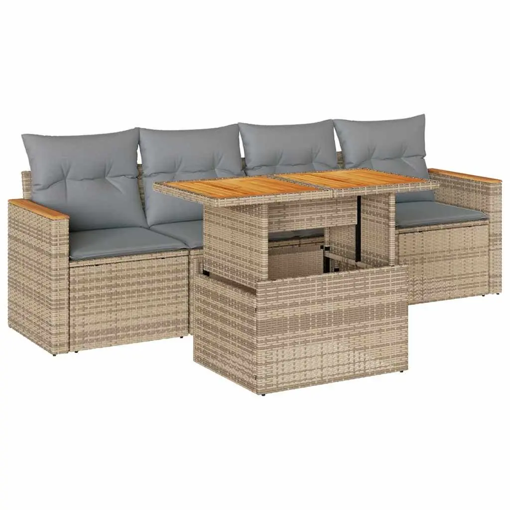 Garden Sofa Set Outdoor Furniture 5 Piece Beige Poly Rattan Modular Patio