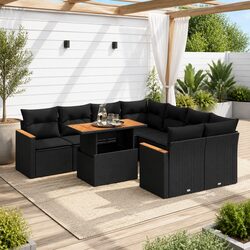 Garden Sofa Set 9 Piece Outdoor Patio Furniture Black Poly Rattan with Cushions